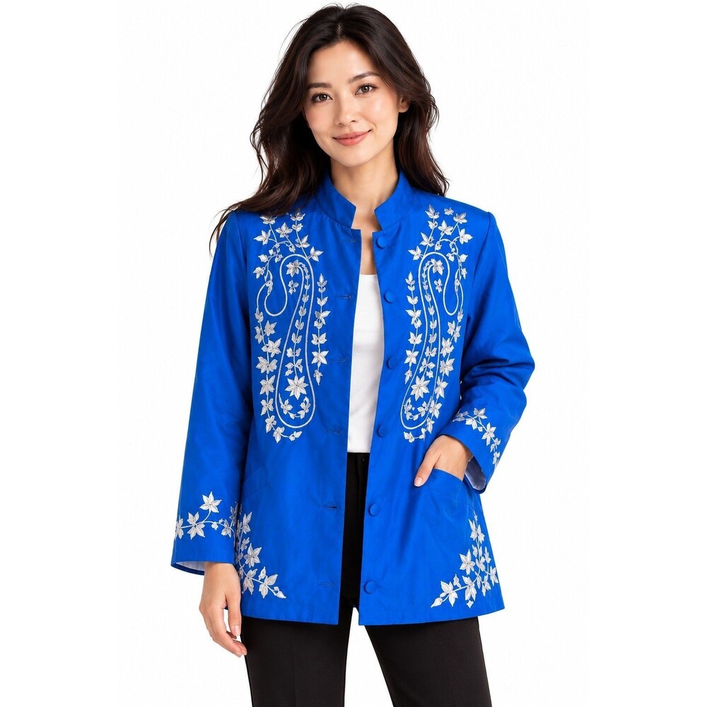 Carol Cohen Studio Womens Large Blue Silver Embroidered Mandarin Jacket L